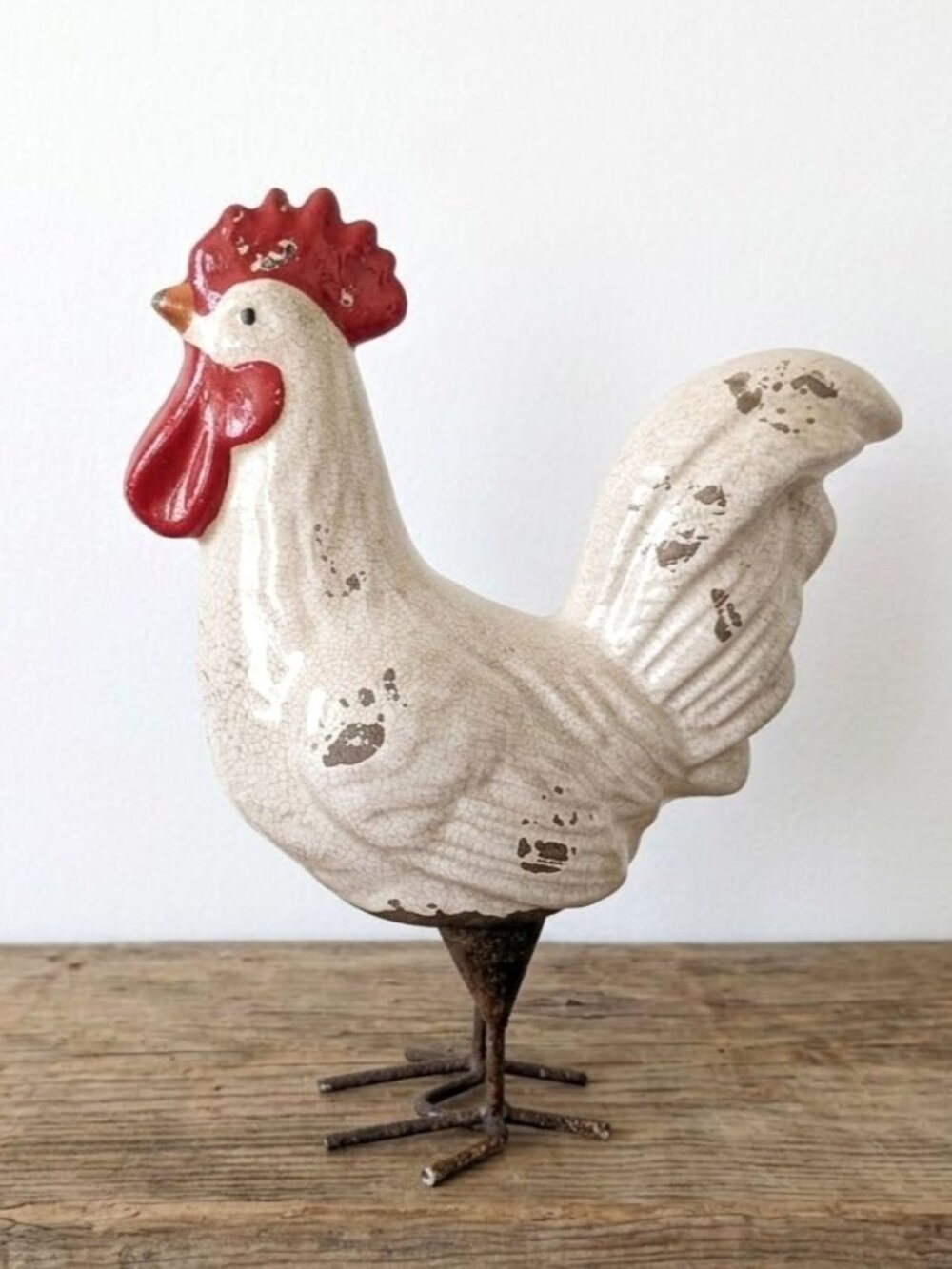 Vintage Ceramic Rooster Statue Figurine Metal Feet Farmhouse Country Decor 11.5"